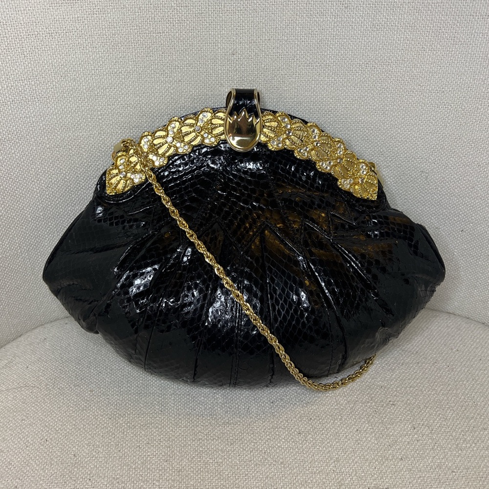 Black Patent Snake-Texture Evening Clutch with Gold Floral Frame